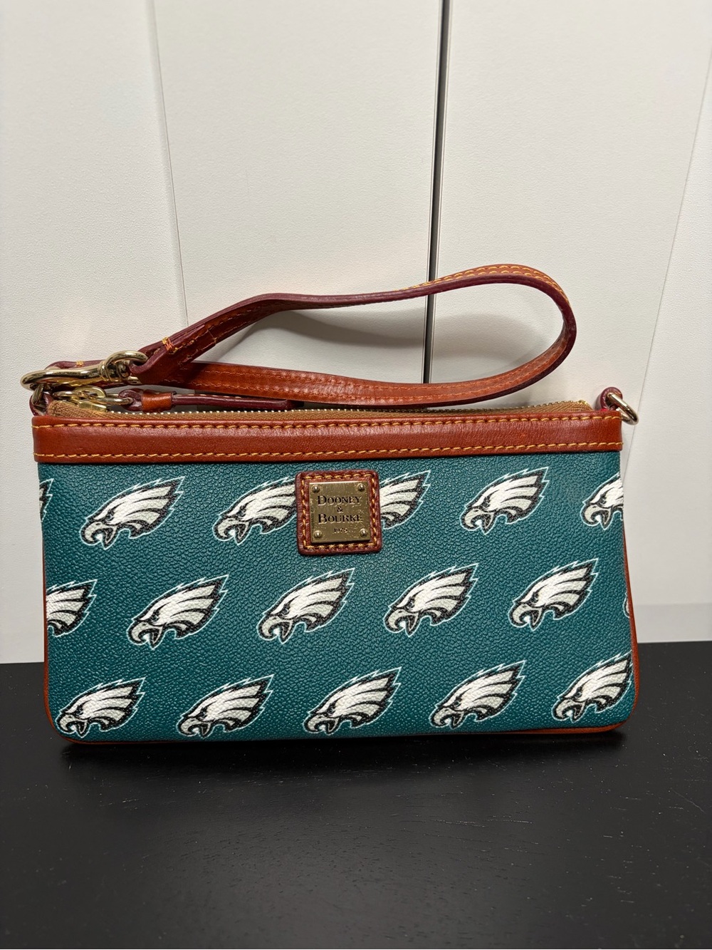Dooney & Bourke Teal Philadelphia Eagles Logo Wristlet with Brown Leather Trim
